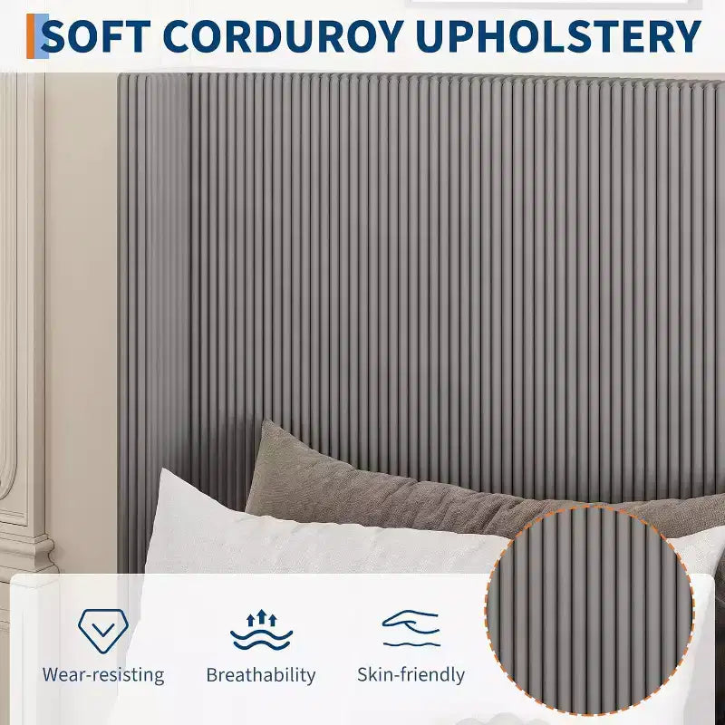 Cadre de lit plateforme DobleePy Queen Size en velours côtelé, gris, tiroirs de rangement, tête de lit capitonnée à oreilles, sommier tapissier non requis
