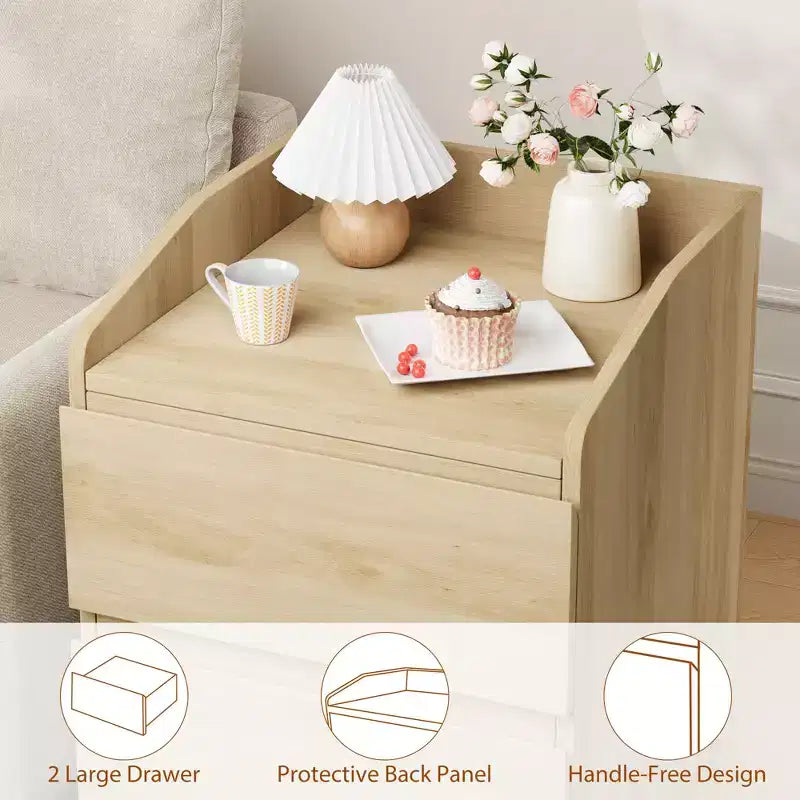 Table d'appoint moderne peu encombrante avec 2 tiroirs, table d'appoint en bois, table de chevet de rangement pour chambre et salon, finition bois naturel