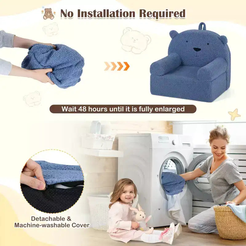 Costway Canapé Enfant Ours en Mousse pour Tout-Petits avec Housse en Tissu Polaire Doux Marron/Gris/Bleu Marine/Rose