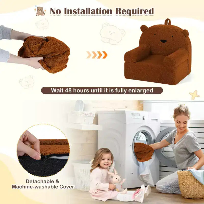Costway Canapé Enfant Ours en Mousse pour Tout-Petits avec Housse en Tissu Polaire Doux Marron/Gris/Bleu Marine/Rose