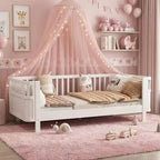 Lit plateforme en bois JVNOXK pour enfants, lit bas en bois avec barrières pour filles et garçons, blanc