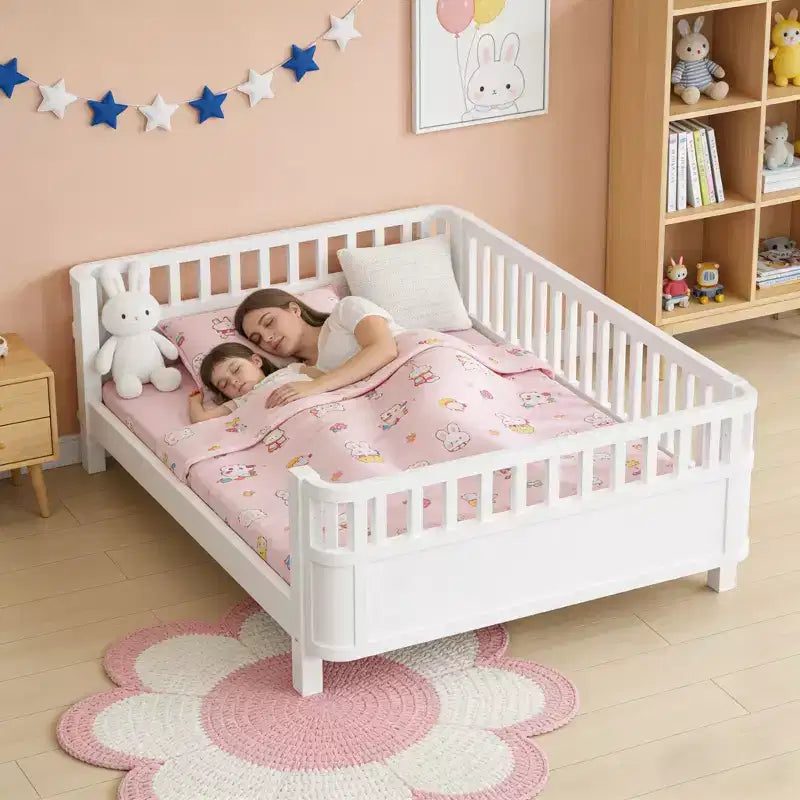 Lit plateforme en bois JVNOXK pour enfants, lit bas en bois avec barrières pour filles et garçons, blanc