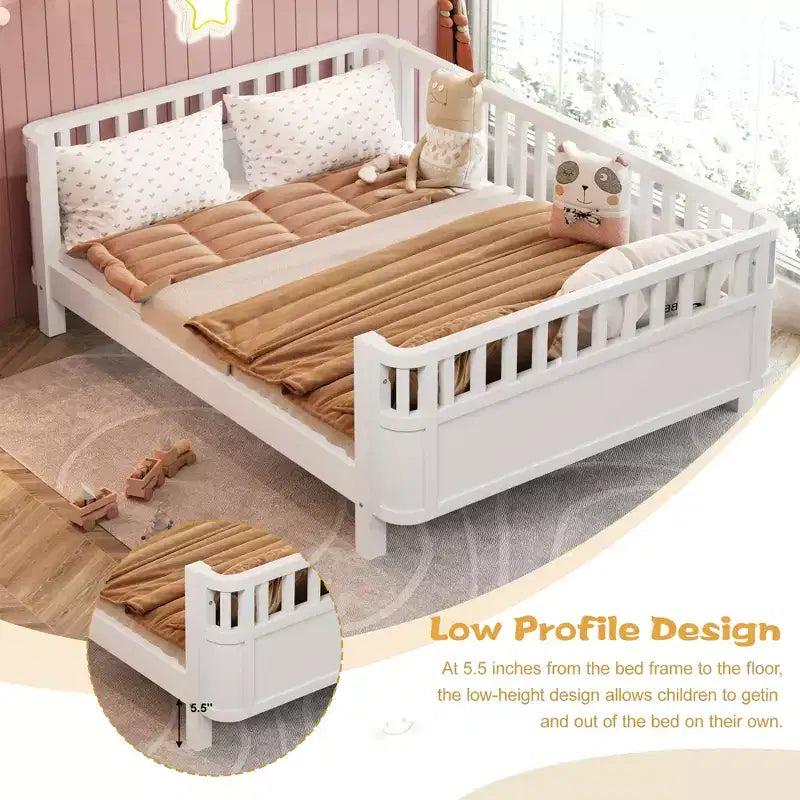 Lit plateforme en bois JVNOXK pour enfants, lit bas en bois avec barrières pour filles et garçons, blanc