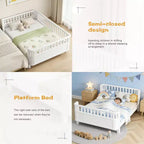 Lit plateforme en bois JVNOXK pour enfants, lit bas en bois avec barrières pour filles et garçons, blanc