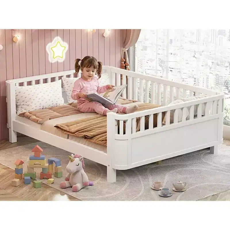 Lit plateforme en bois JVNOXK pour enfants, lit bas en bois avec barrières pour filles et garçons, blanc
