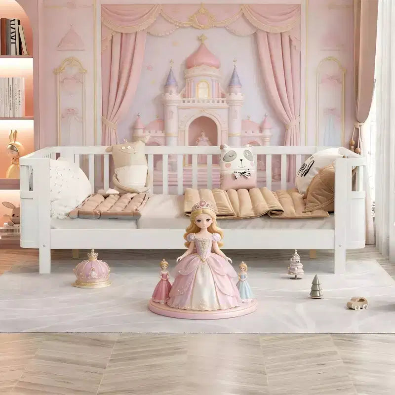 Lit plateforme en bois JVNOXK pour enfants, lit bas en bois avec barrières pour filles et garçons, blanc