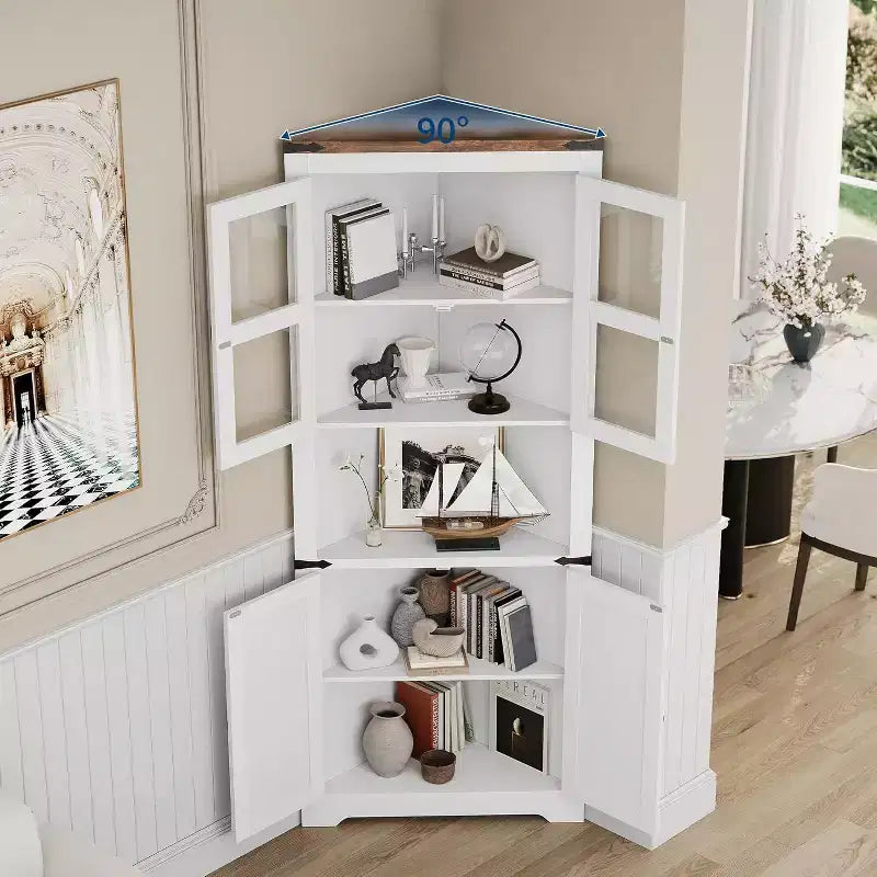 Meuble d'angle de rangement, Vitrine d'angle de style Ferme avec Portes en Verre, Organisateur de Rangement en Bois pour Salon, Salle de Bain