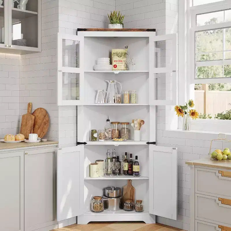 Meuble d'angle de rangement, Vitrine d'angle de style Ferme avec Portes en Verre, Organisateur de Rangement en Bois pour Salon, Salle de Bain
