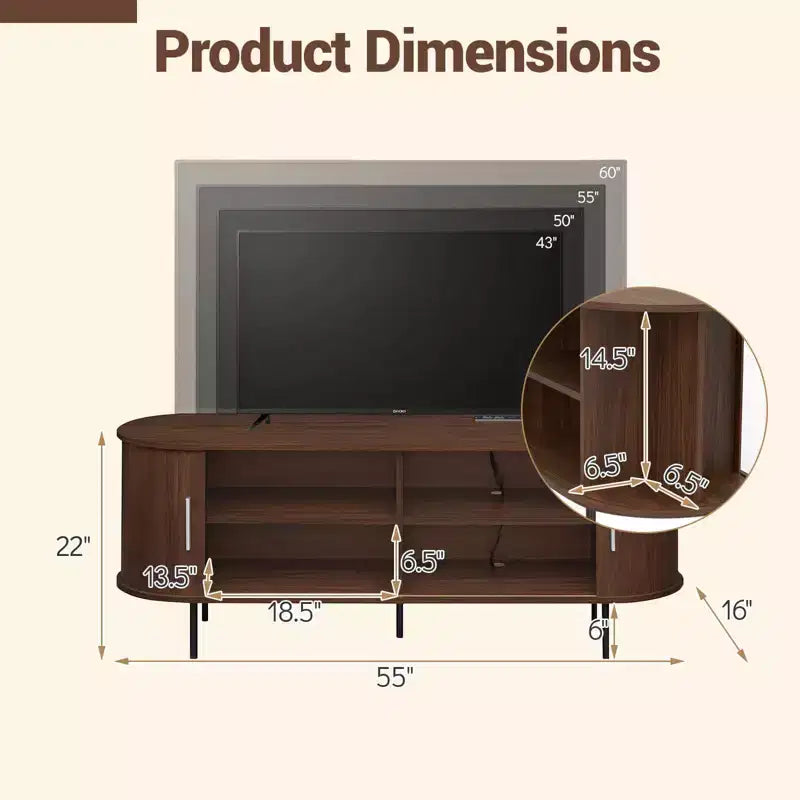 Meuble TV cannelé Costway pour téléviseurs jusqu'à 60 pouces, Meuble de divertissement incurvé Mid-Century Naturel/Noyer