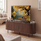 Meuble TV cannelé Costway pour téléviseurs jusqu'à 60 pouces, Meuble de divertissement incurvé Mid-Century Naturel/Noyer