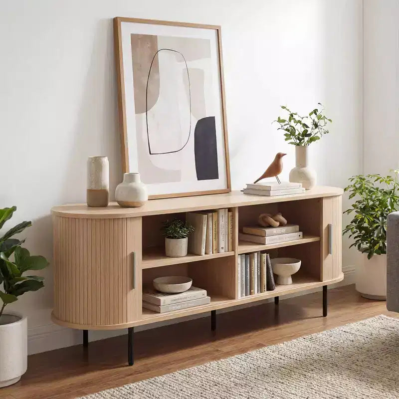 Meuble TV cannelé Costway pour téléviseurs jusqu'à 60 pouces, Meuble de divertissement incurvé Mid-Century Naturel/Noyer