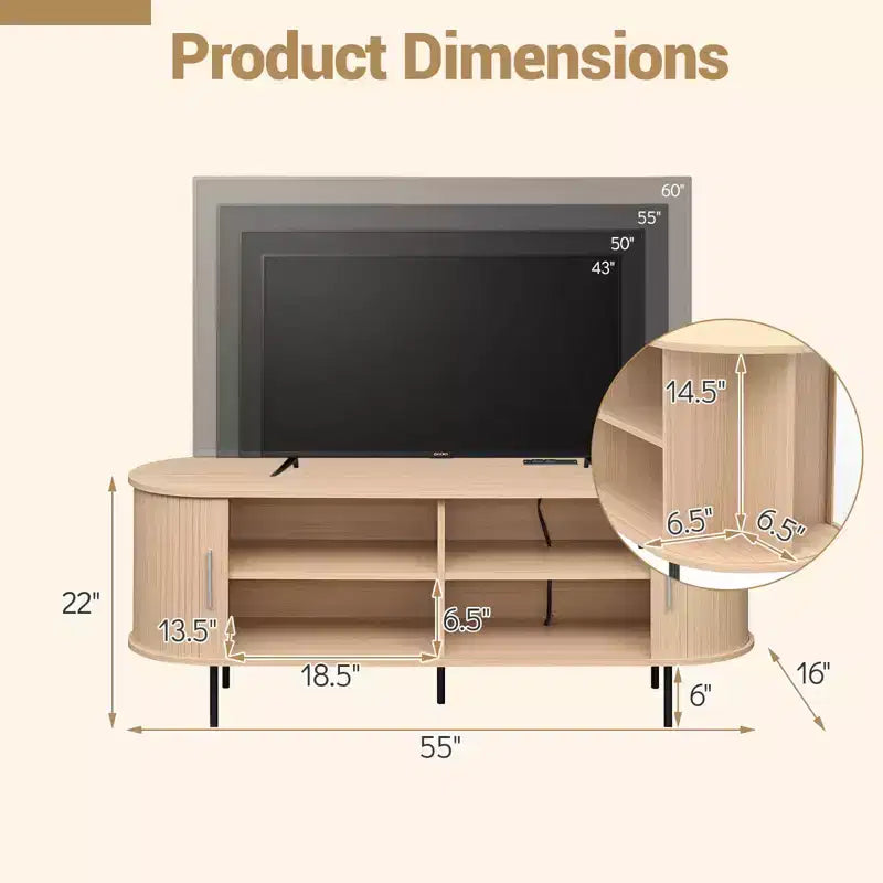 Meuble TV cannelé Costway pour téléviseurs jusqu'à 60 pouces, Meuble de divertissement incurvé Mid-Century Naturel/Noyer