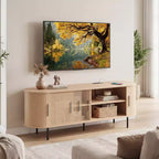 Meuble TV cannelé Costway pour téléviseurs jusqu'à 60 pouces, Meuble de divertissement incurvé Mid-Century Naturel/Noyer