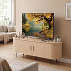 Meuble TV cannelé Costway pour téléviseurs jusqu'à 60 pouces, Meuble de divertissement incurvé Mid-Century Naturel/Noyer
