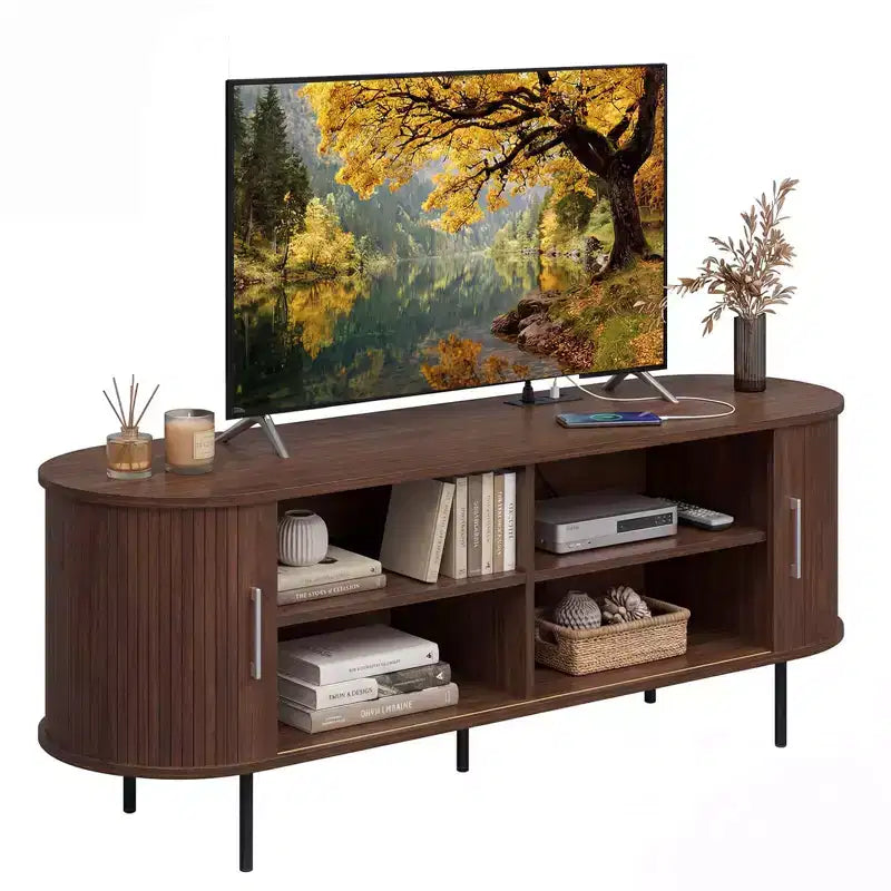 Meuble TV cannelé Costway pour téléviseurs jusqu'à 60 pouces, Meuble de divertissement incurvé Mid-Century Naturel/Noyer