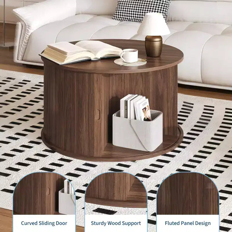 Table basse ronde GustoWave 28, Table d'appoint cannelée Mid-Century avec rangement à porte coulissante, Meuble de salon moderne