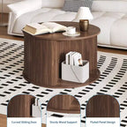 Table basse ronde GustoWave 28, Table d'appoint cannelée Mid-Century avec rangement à porte coulissante, Meuble de salon moderne