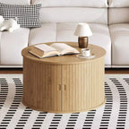 Table basse ronde GustoWave 28, Table d'appoint cannelée Mid-Century avec rangement à porte coulissante, Meuble de salon moderne