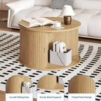 Table basse ronde GustoWave 28, Table d'appoint cannelée Mid-Century avec rangement à porte coulissante, Meuble de salon moderne