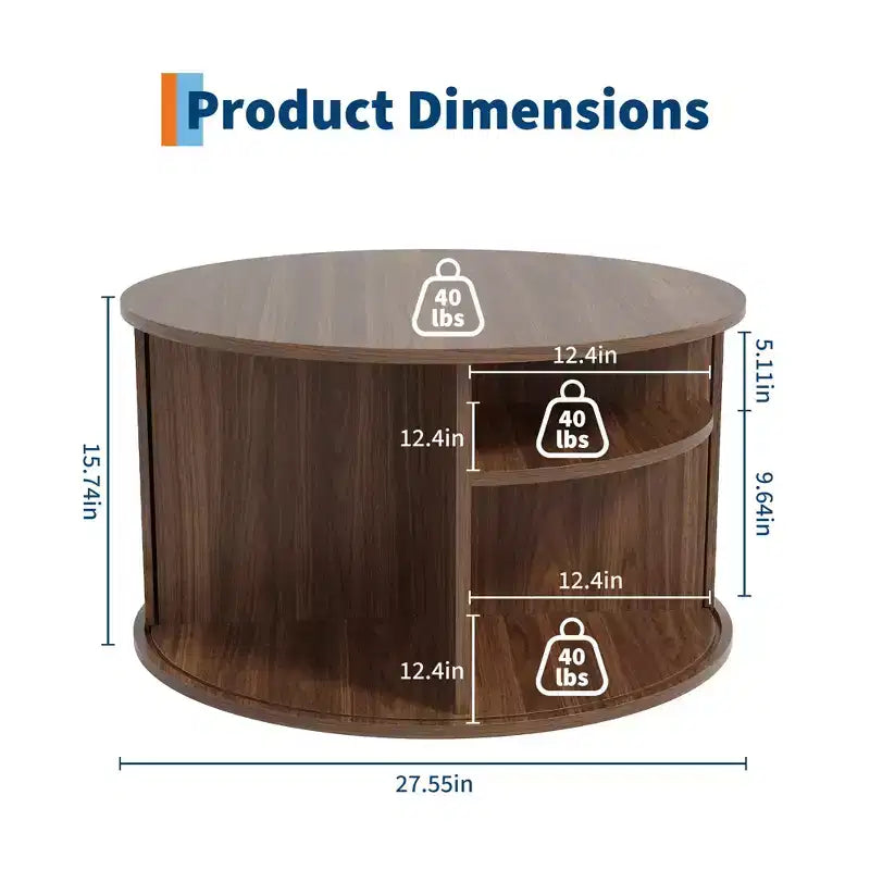 Table basse ronde GustoWave 28, Table d'appoint cannelée Mid-Century avec rangement à porte coulissante, Meuble de salon moderne
