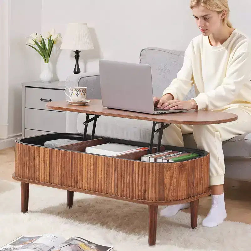 Table basse relevable de 99,06 cm, table basse ovale cannelée avec 3 compartiments cachés, bureau central ovale en bois de style mid-century avec rangement
