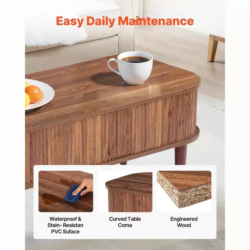 Table basse relevable de 99,06 cm, table basse ovale cannelée avec 3 compartiments cachés, bureau central ovale en bois de style mid-century avec rangement