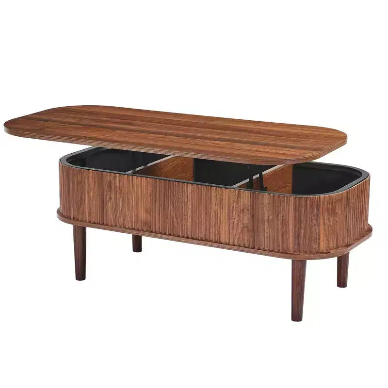 Table basse relevable de 99,06 cm, table basse ovale cannelée avec 3 compartiments cachés, bureau central ovale en bois de style mid-century avec rangement
