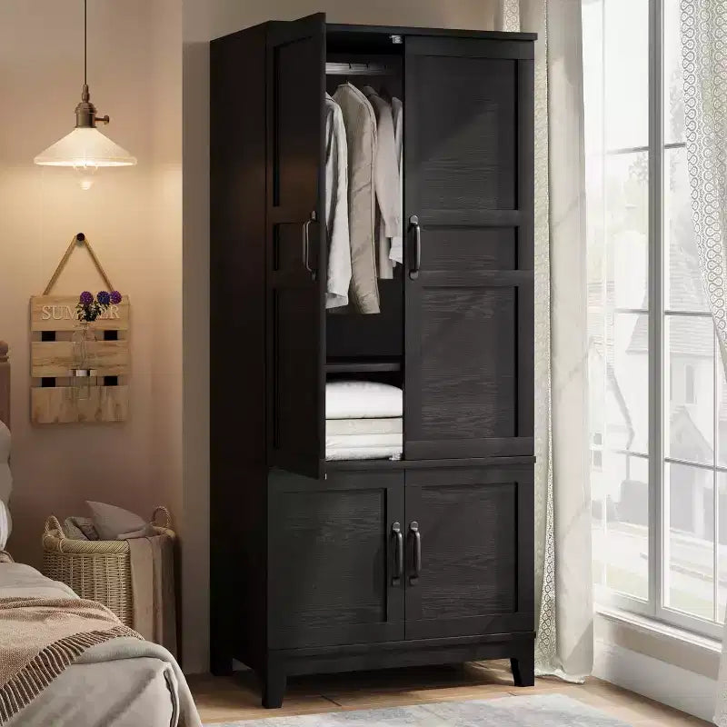 Freestanding Tall Wardrobe Closet with 4 Doors, Adjustable Shelves, Modern Style, Bedroom Storage Cabinet, for Home, Living Room