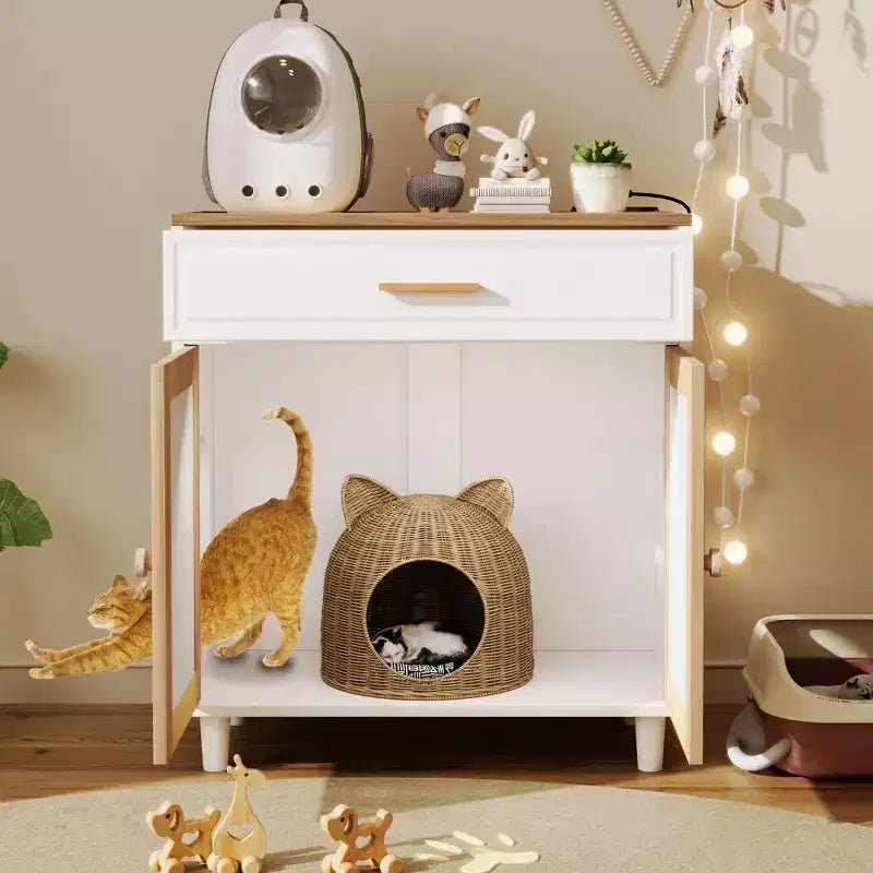 JVNOXK Meuble pour chat 3 en 1, cache-litière avec griffoir, maison de chat, table d'appoint moderne avec rangement