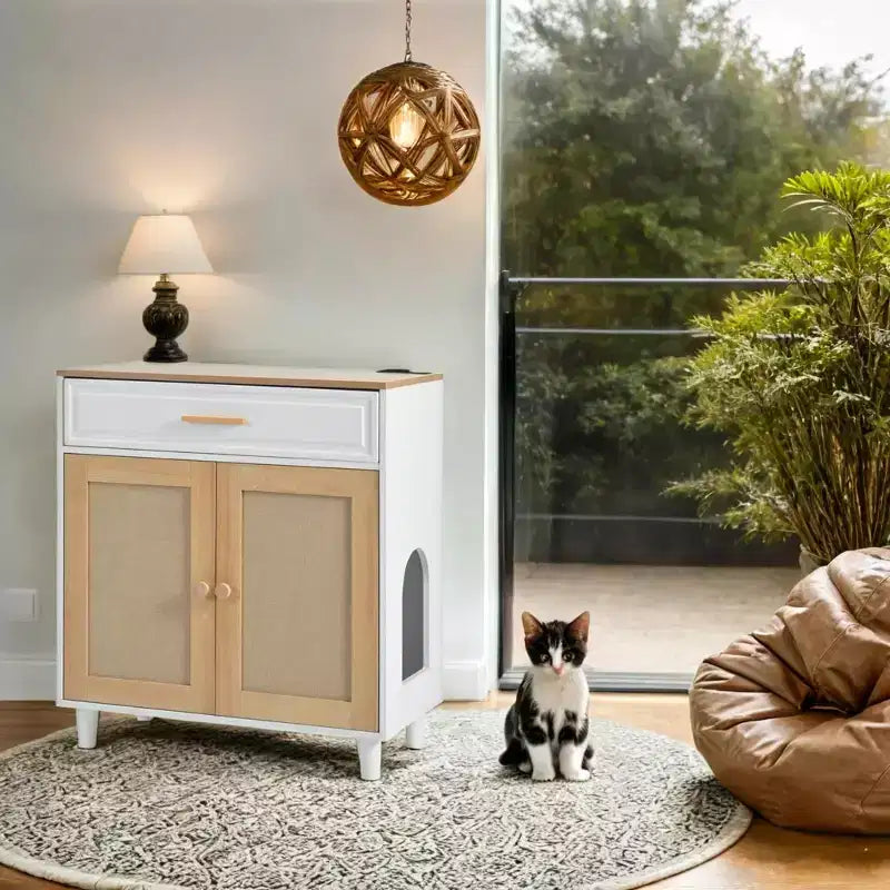 JVNOXK Meuble pour chat 3 en 1, cache-litière avec griffoir, maison de chat, table d'appoint moderne avec rangement