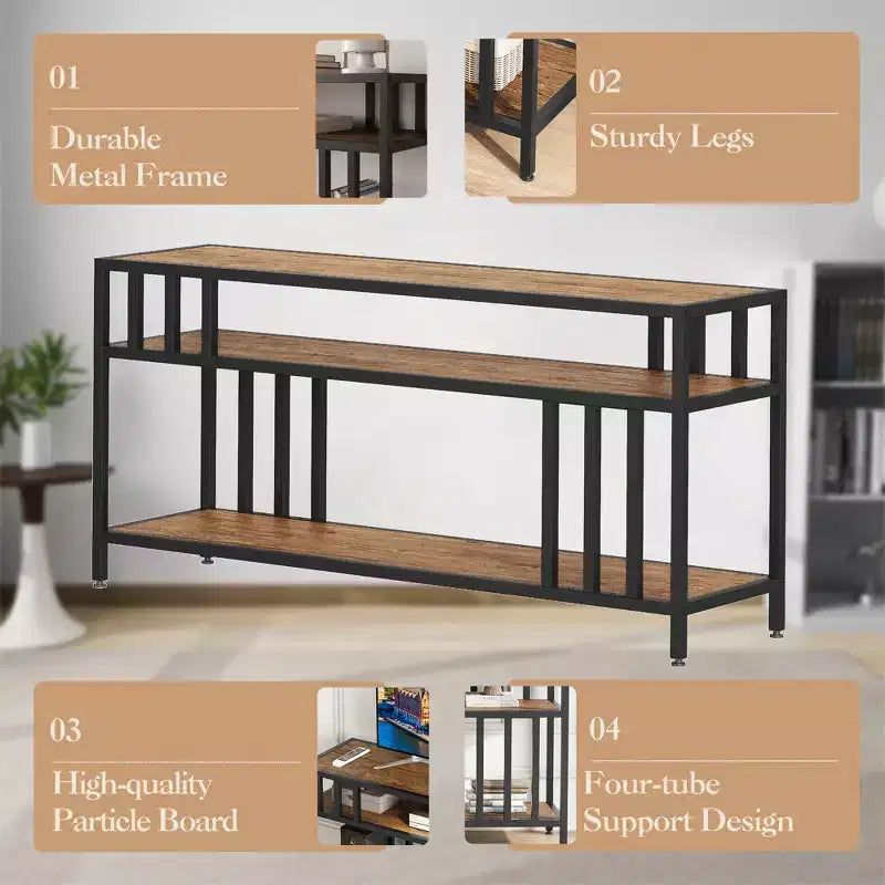 Meuble TV industriel de 165 cm pour téléviseurs jusqu'à 75 pouces avec 3 étagères ouvertes, console multimédia, cadre en métal, centre de divertissement, marron rustique