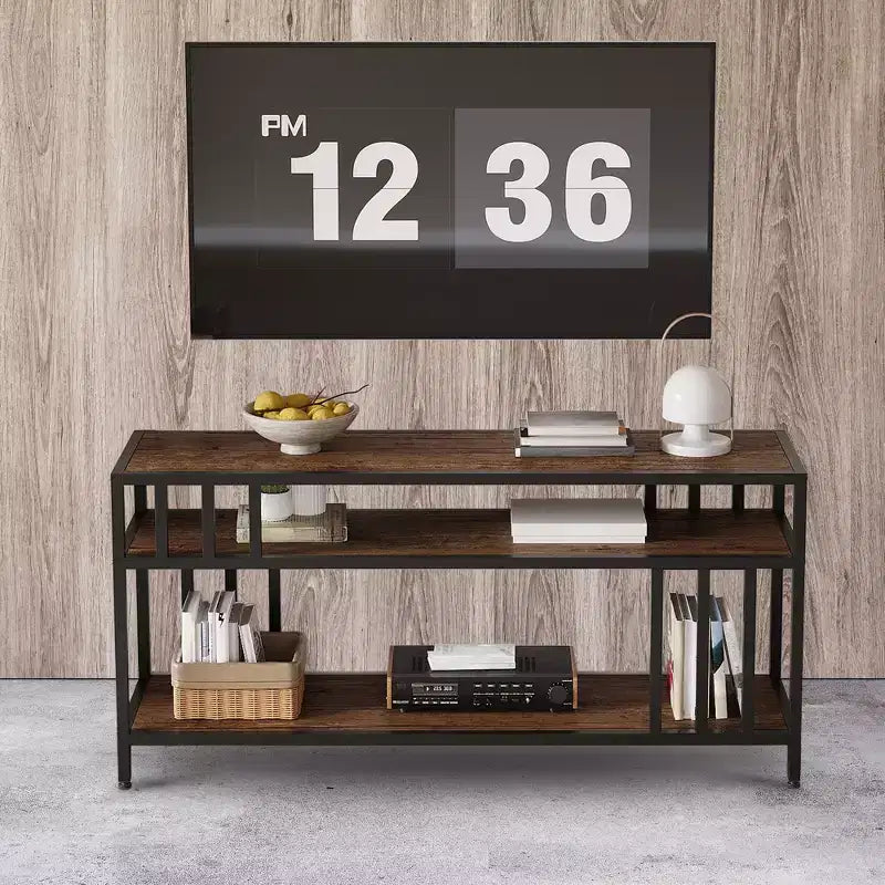 Meuble TV industriel de 165 cm pour téléviseurs jusqu'à 75 pouces avec 3 étagères ouvertes, console multimédia, cadre en métal, centre de divertissement, marron rustique