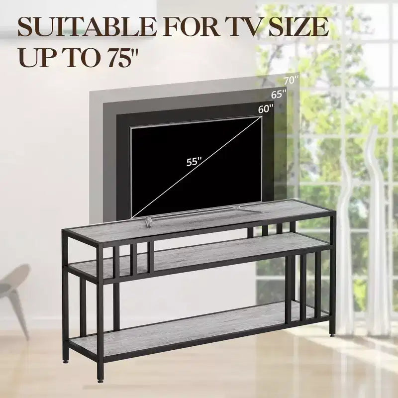 Meuble TV industriel de 165 cm pour téléviseurs jusqu'à 75 pouces avec 3 étagères ouvertes, console multimédia, cadre en métal, centre de divertissement, marron rustique