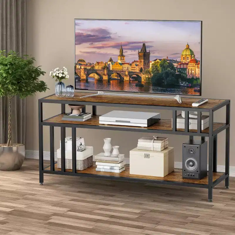 Meuble TV industriel de 165 cm pour téléviseurs jusqu'à 75 pouces avec 3 étagères ouvertes, console multimédia, cadre en métal, centre de divertissement, marron rustique