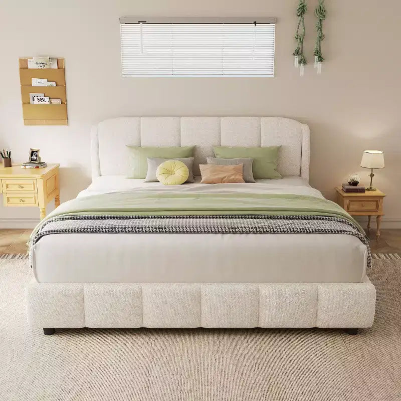 Queen/King Size Upholstered Platform Bed Frame with Soft Headboard, Curve-Shaped, Beige - ModernLuxe