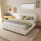 Cadre de lit plateforme rembourré Queen/King Size avec tête de lit moelleuse, forme incurvée, beige - ModernLuxe