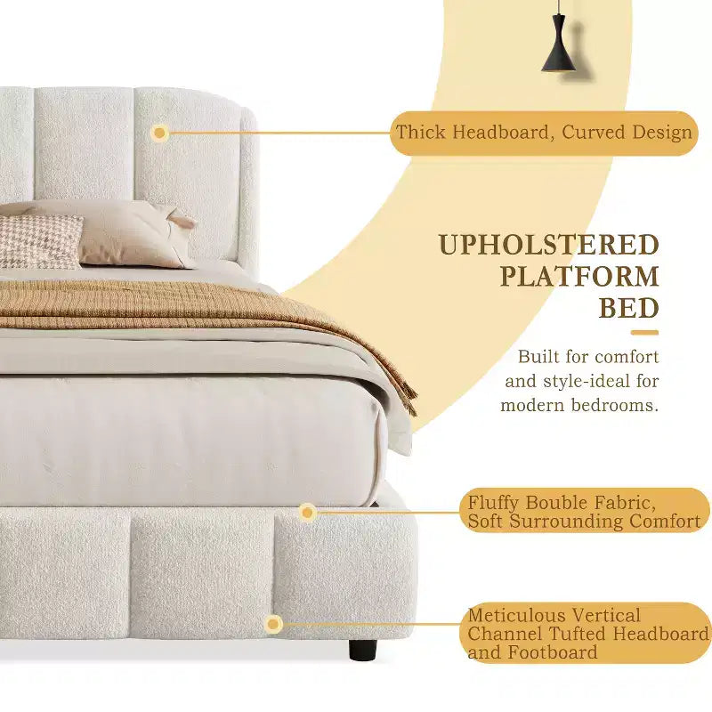 Cadre de lit plateforme rembourré Queen/King Size avec tête de lit moelleuse, forme incurvée, beige - ModernLuxe