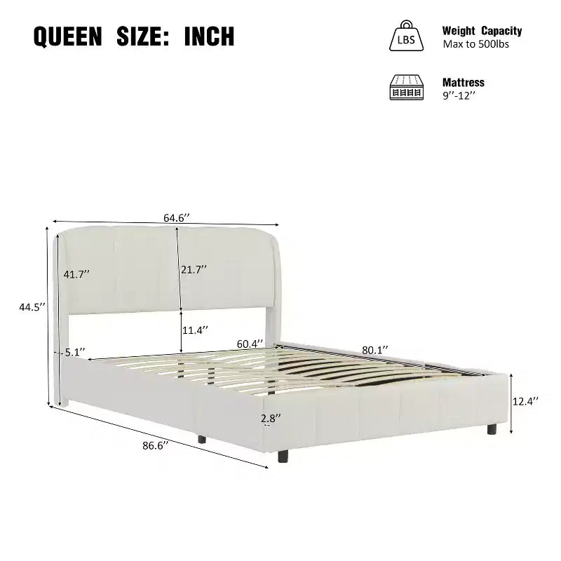 Cadre de lit plateforme rembourré Queen/King Size avec tête de lit moelleuse, forme incurvée, beige - ModernLuxe