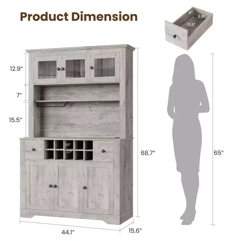 COZONY 68.7 Meuble de Rangement de Cuisine de Ferme avec Comptoir, Tiroirs et Étagères Réglables, Grande Armoire de Rangement avec Casier à Bouteilles