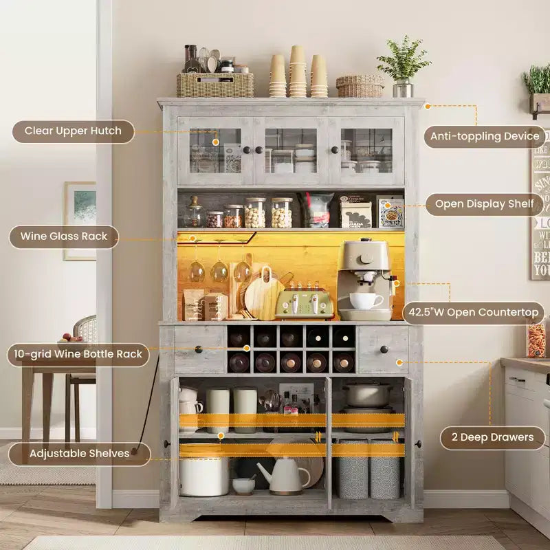 COZONY 68.7 Meuble de Rangement de Cuisine de Ferme avec Comptoir, Tiroirs et Étagères Réglables, Grande Armoire de Rangement avec Casier à Bouteilles