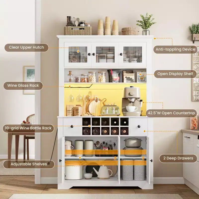 COZONY 68.7 Meuble de Rangement de Cuisine de Ferme avec Comptoir, Tiroirs et Étagères Réglables, Grande Armoire de Rangement avec Casier à Bouteilles