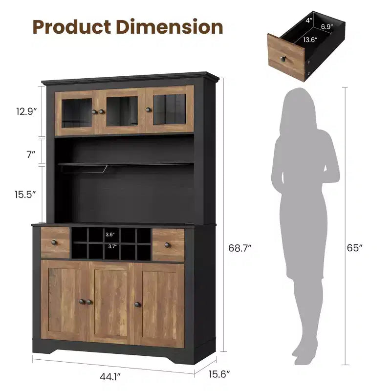 COZONY 68.7 Meuble de Rangement de Cuisine de Ferme avec Comptoir, Tiroirs et Étagères Réglables, Grande Armoire de Rangement avec Casier à Bouteilles