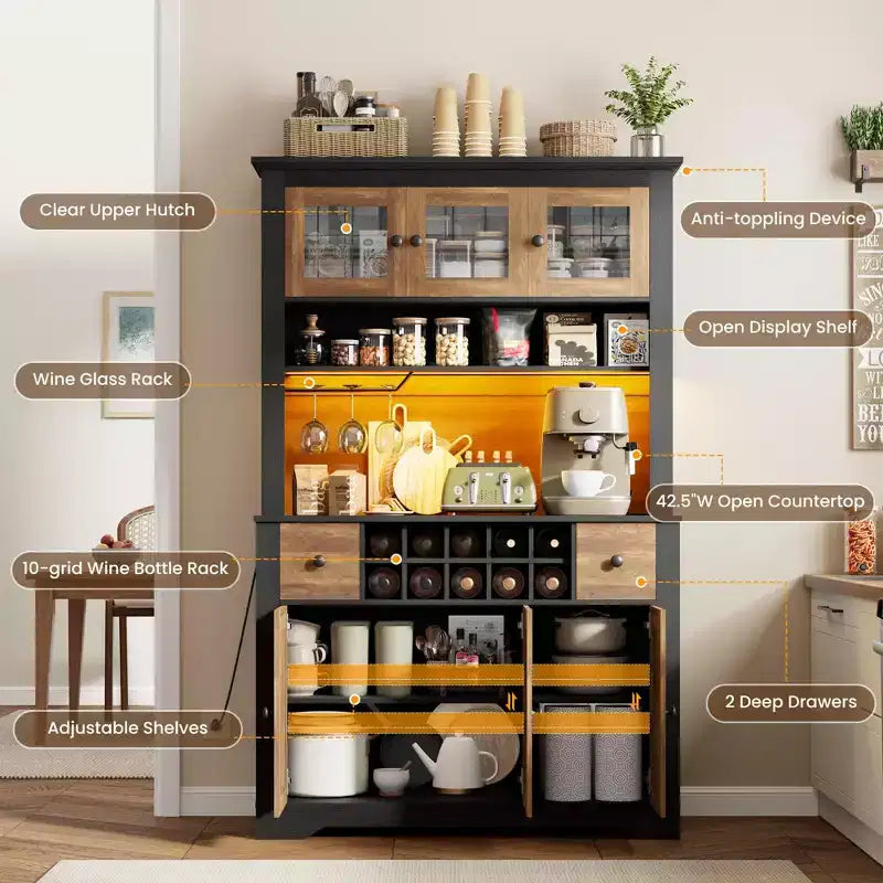 COZONY 68.7 Meuble de Rangement de Cuisine de Ferme avec Comptoir, Tiroirs et Étagères Réglables, Grande Armoire de Rangement avec Casier à Bouteilles