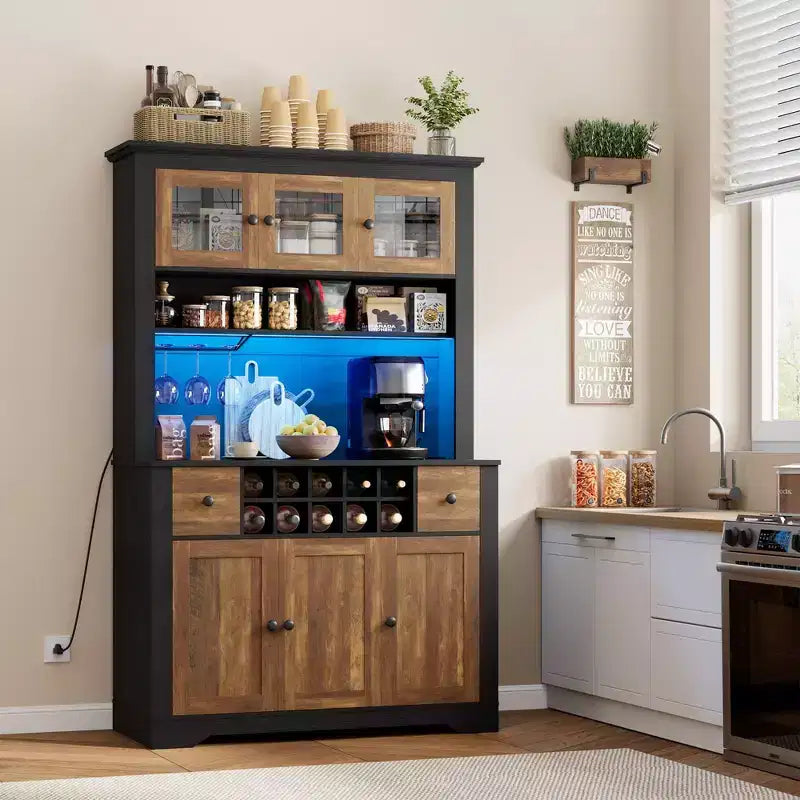 COZONY 68.7 Meuble de Rangement de Cuisine de Ferme avec Comptoir, Tiroirs et Étagères Réglables, Grande Armoire de Rangement avec Casier à Bouteilles