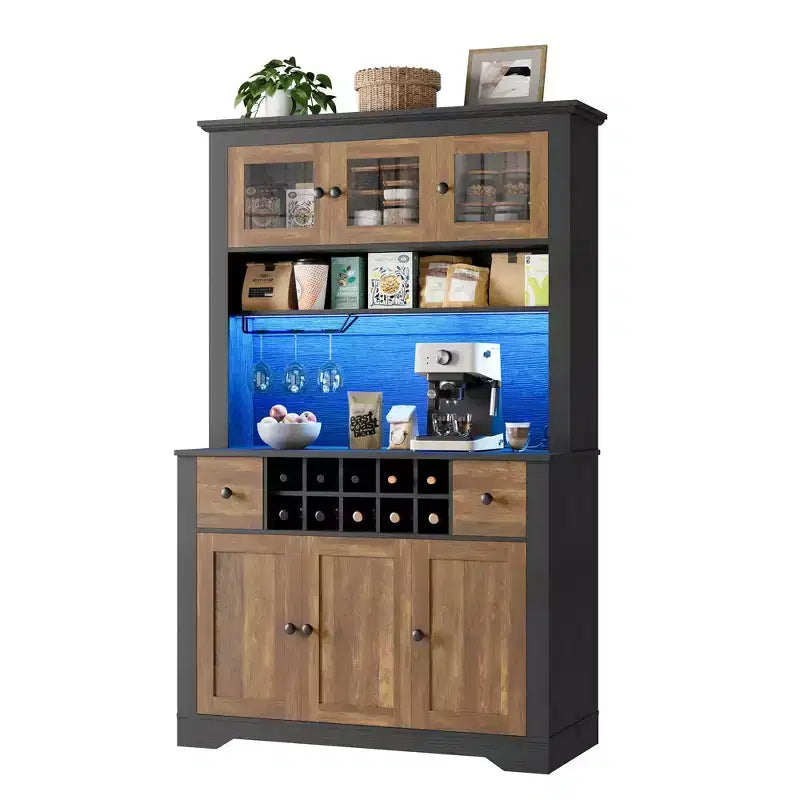 COZONY 68.7 Meuble de Rangement de Cuisine de Ferme avec Comptoir, Tiroirs et Étagères Réglables, Grande Armoire de Rangement avec Casier à Bouteilles