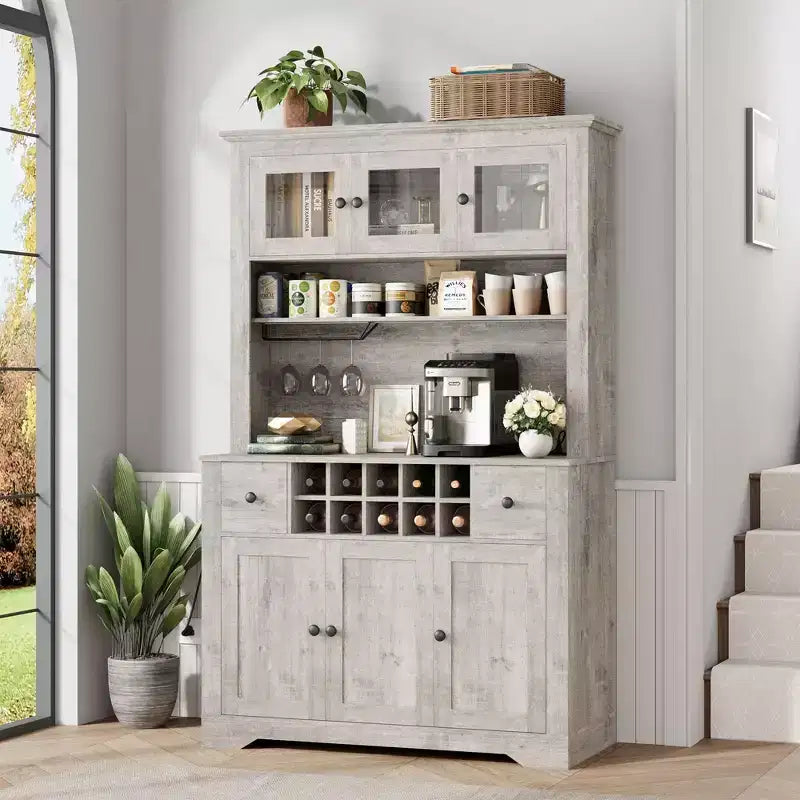 COZONY 68.7 Meuble de Rangement de Cuisine de Ferme avec Comptoir, Tiroirs et Étagères Réglables, Grande Armoire de Rangement avec Casier à Bouteilles