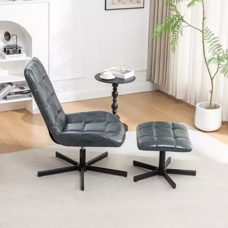 GDFStudio Mora Ensemble de 2 pièces : fauteuil d'appoint capitonné en similicuir et ottoman avec base en métal