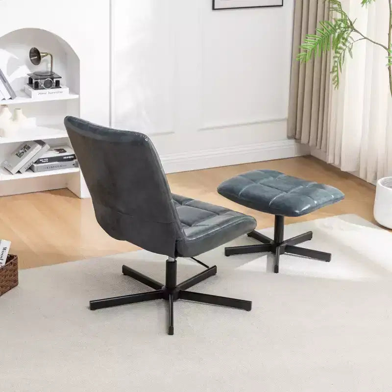 GDFStudio Mora Ensemble de 2 pièces : fauteuil d'appoint capitonné en similicuir et ottoman avec base en métal