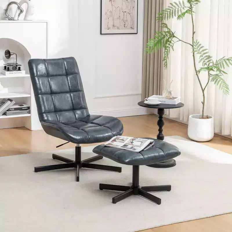 GDFStudio Mora 2 Piece Faux Leather Tufted Accent Chair and Ottoman Set with Metal Base