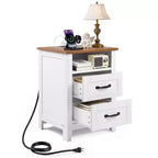 Farmhouse Nightstand, with Charging Station, End Table with 2 Drawers and Open Shelf, Bedside Storage Cabinet